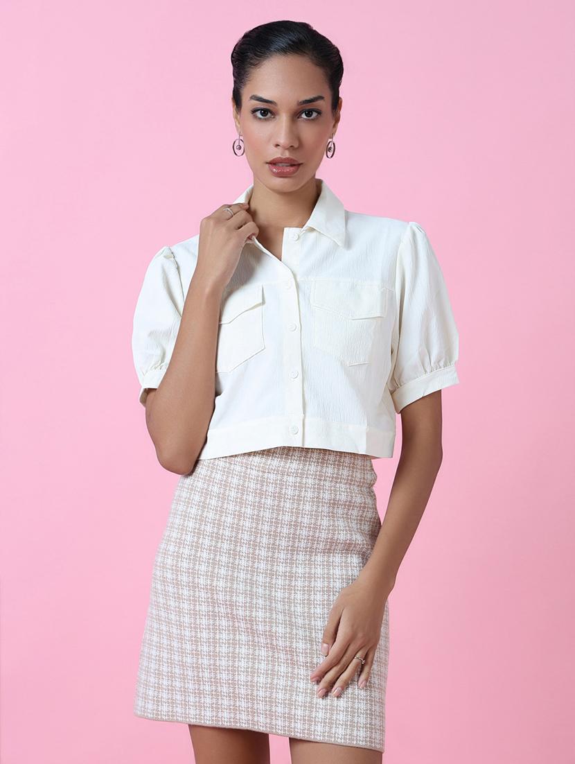 women white cotton blend crop shirt - 21514929 -  Zoom Image - 0