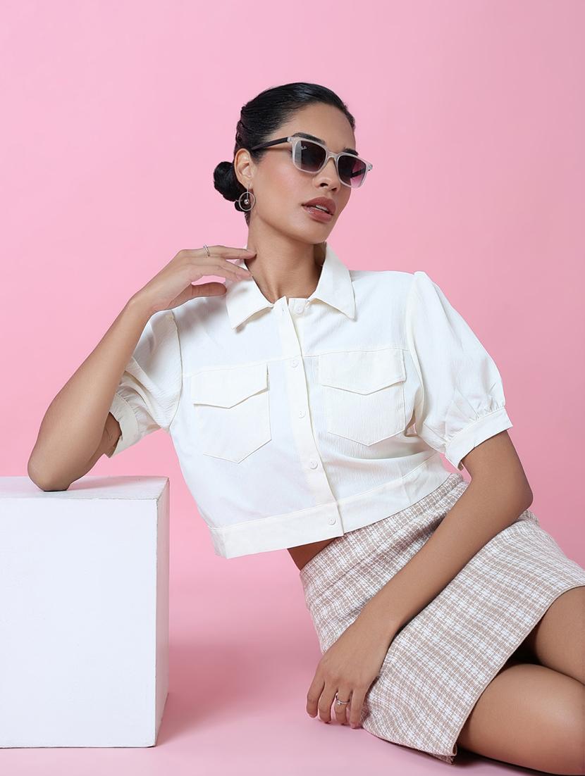 women white cotton blend crop shirt - 21514929 -  Standard Image - 1