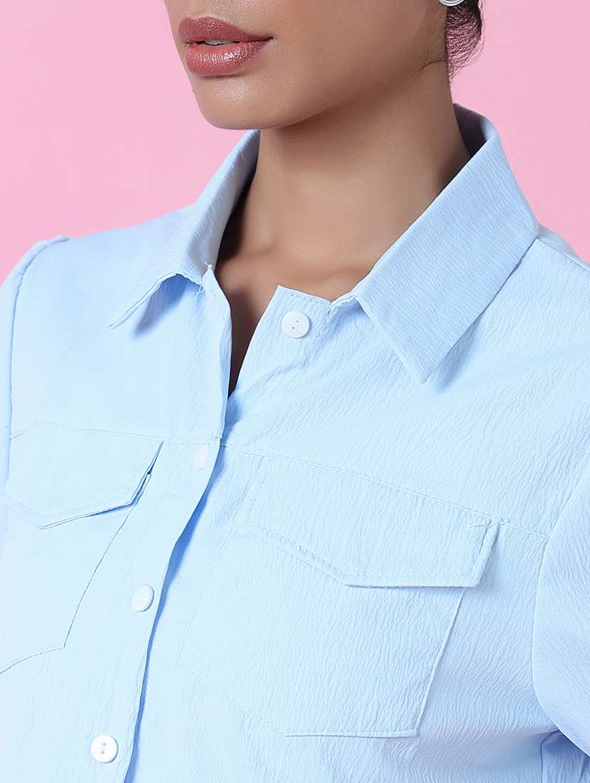 women light blue cotton blend crop shirt - 21514930 - Standard Image - 6