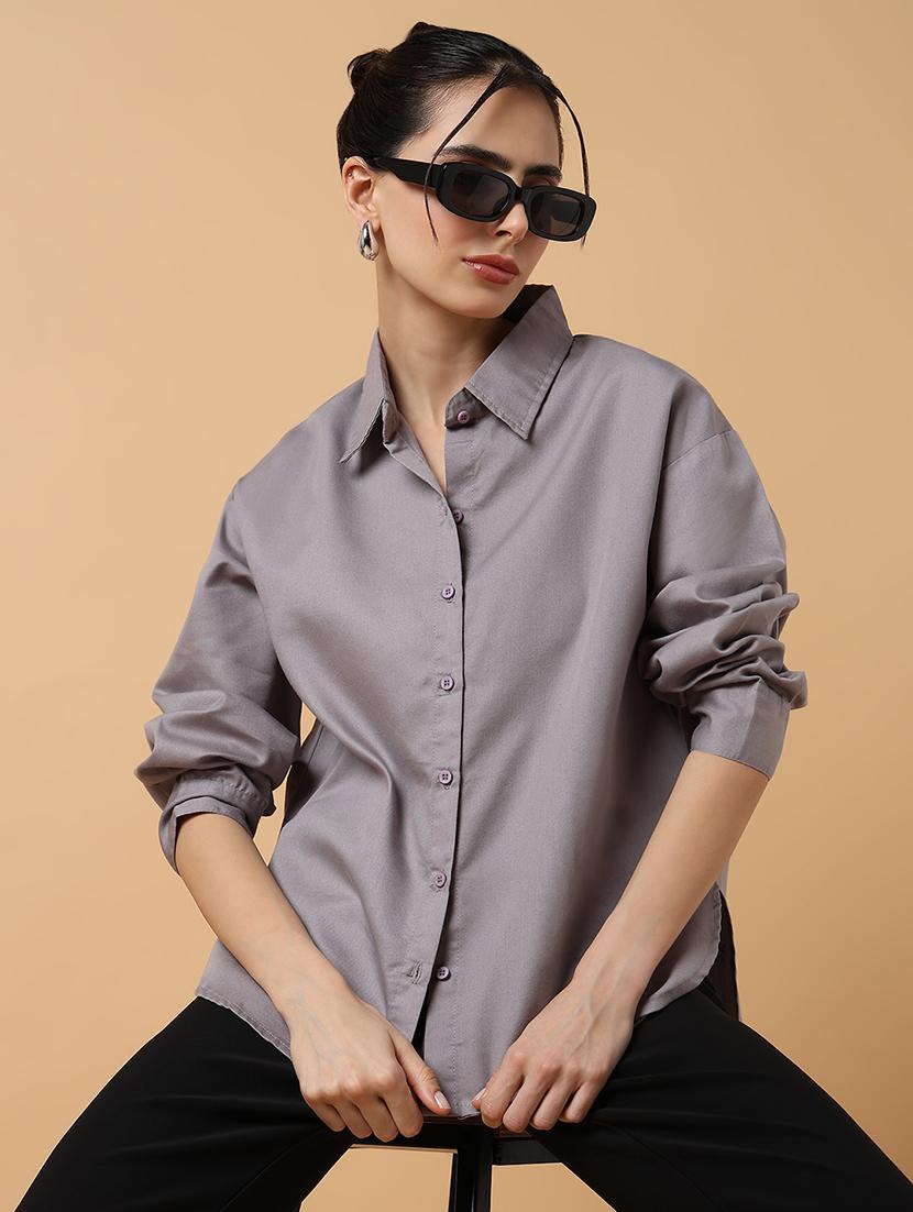 women grey cotton blend regular shirt - 21514935 - Standard Image - 1