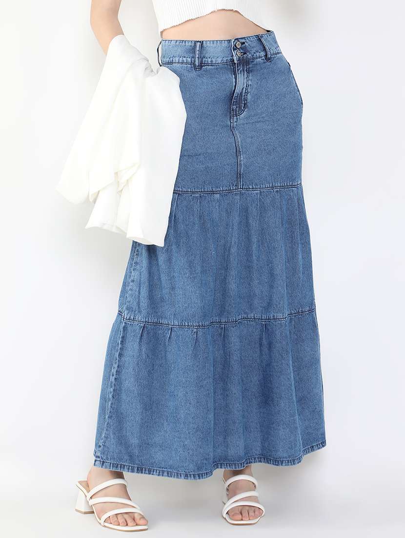 women blue denim tiered skirt - 21514955 - Standard Image - 1