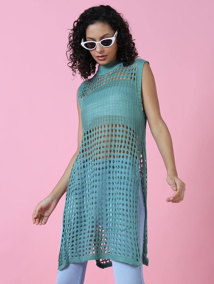 women sea green solid crochet top - 21514974 -  Standard Image - 1