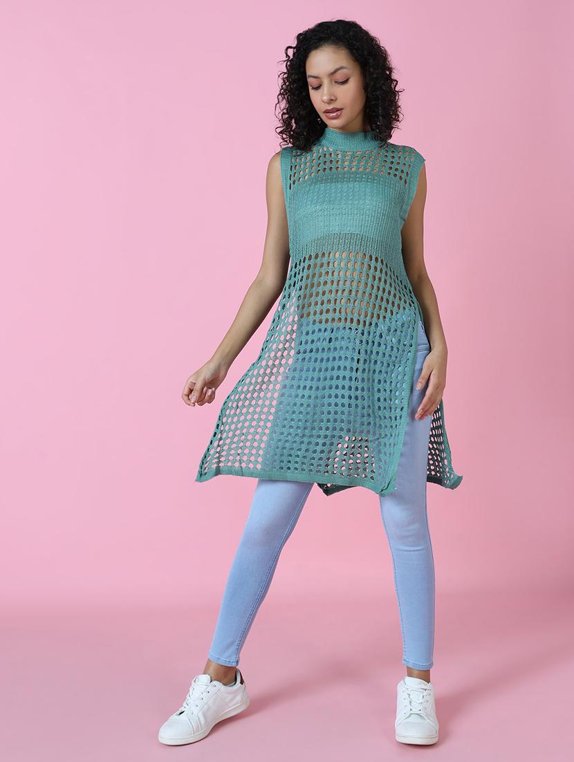 women sea green solid crochet top - 21514974 - Standard Image - 4