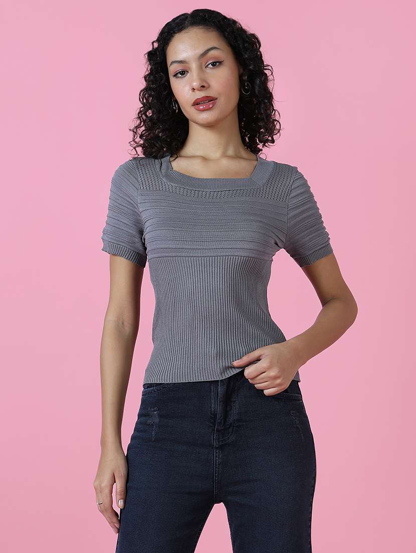 women grey crochet regular top