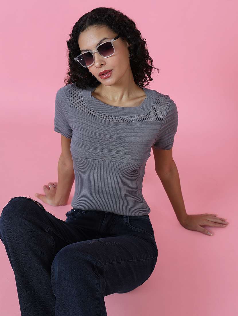 women grey crochet regular top - 21514977 -  Standard Image - 1