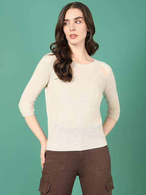 women beige solids round neck top - 21514998 -  Standard Image - 0