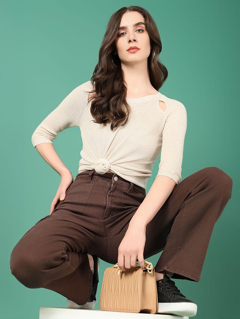 women beige solids round neck top - 21514998 - Standard Image - 1