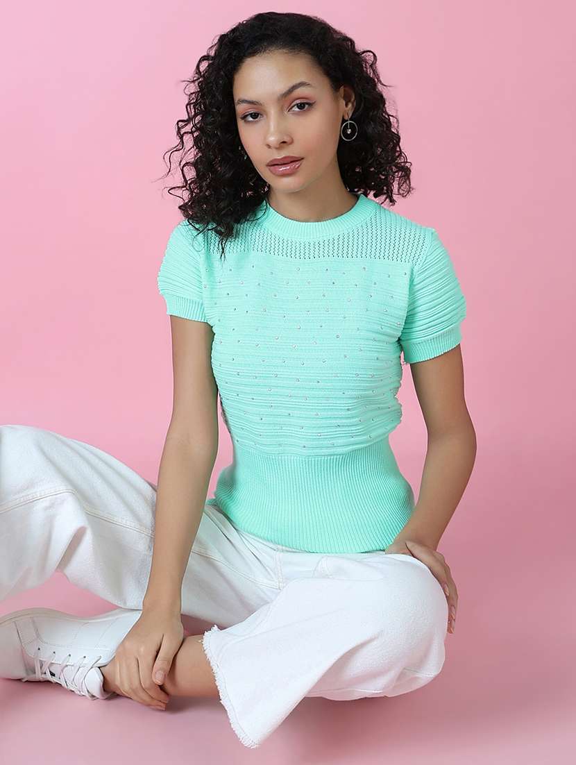 women sea green embellished regular top - 21515006 -  Standard Image - 1