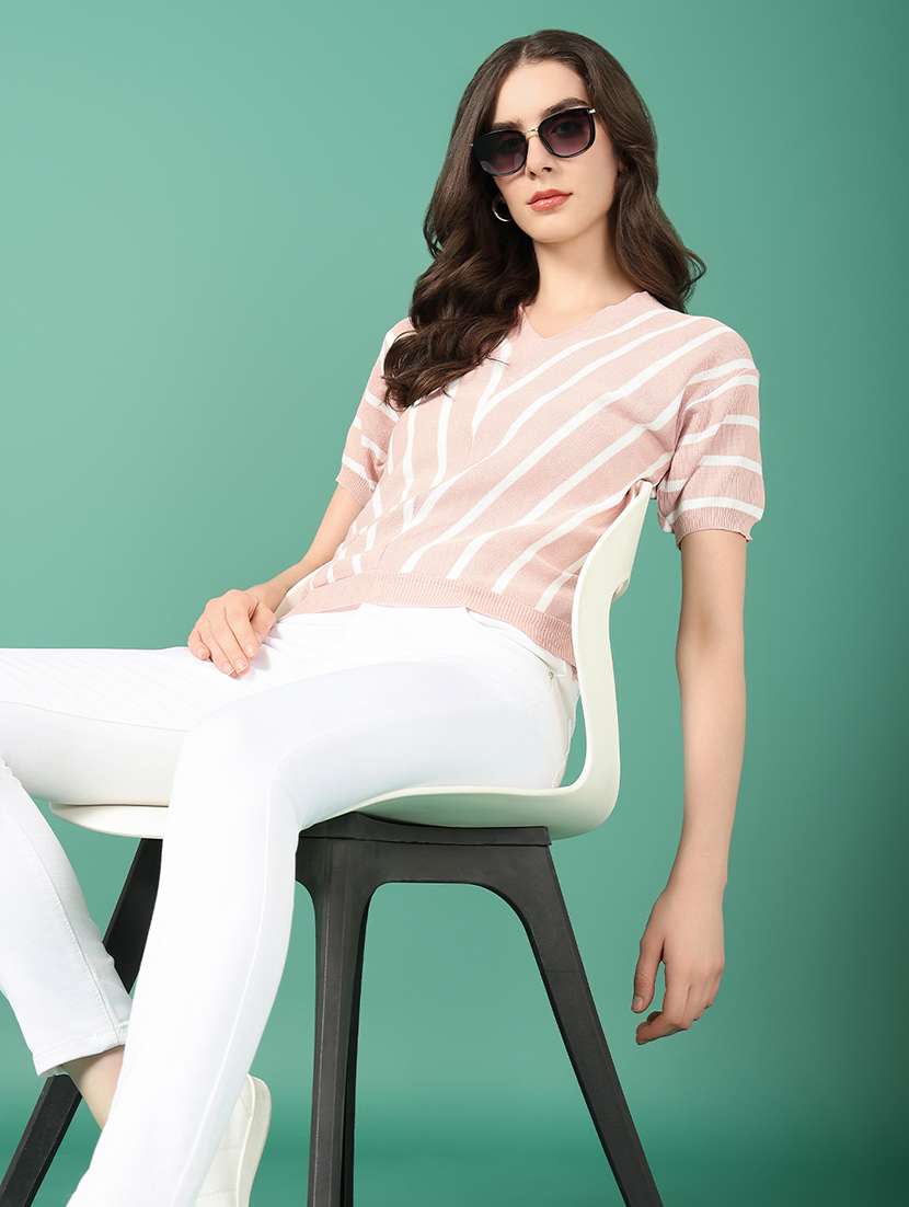 women peach stripes regular top - 21515011 -  Standard Image - 1