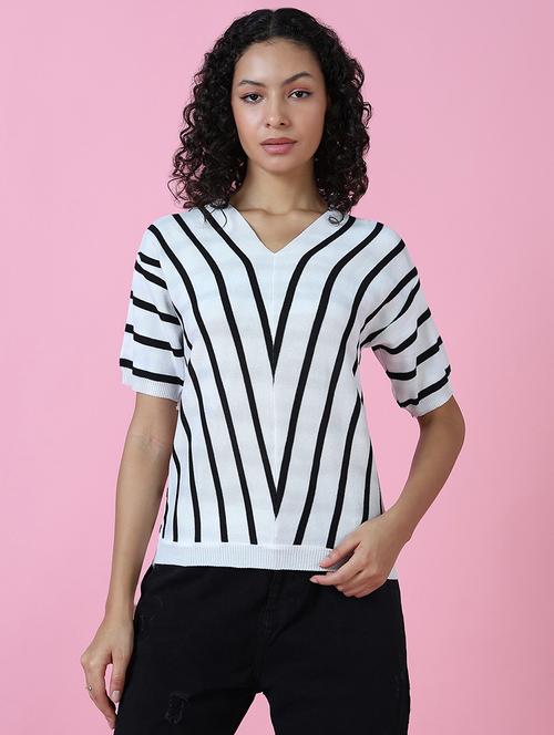 women white stripes v neck top - 21515012 -  Standard Image - 0
