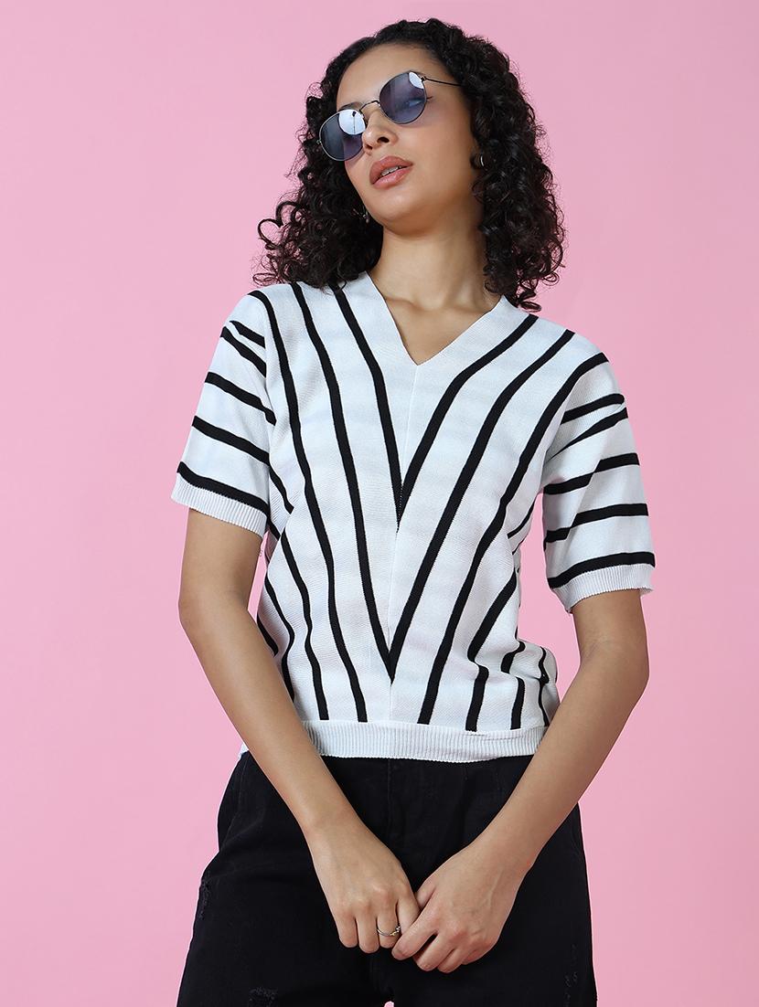 women white stripes v neck top - 21515012 -  Standard Image - 1