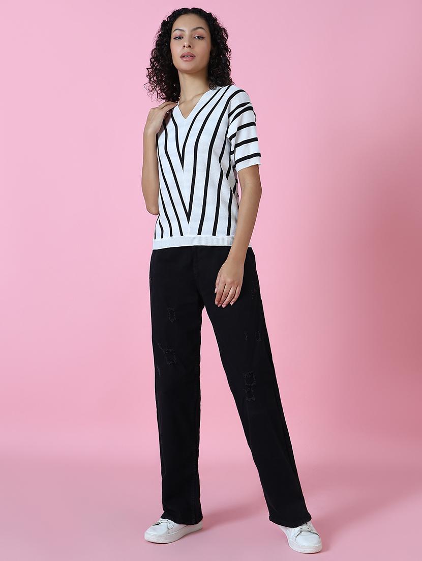 women white stripes v neck top - 21515012 - Standard Image - 4