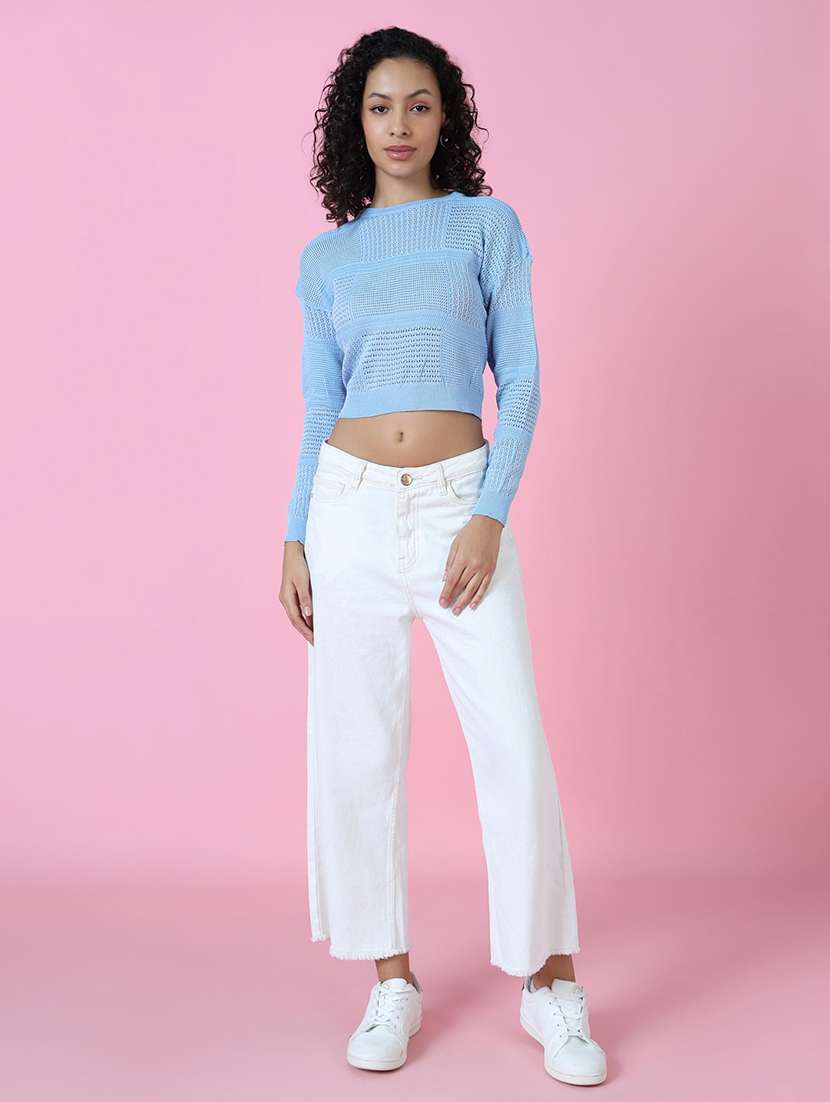 women light blue self design long sleeves crop top - 21515016 -  Standard Image - 4