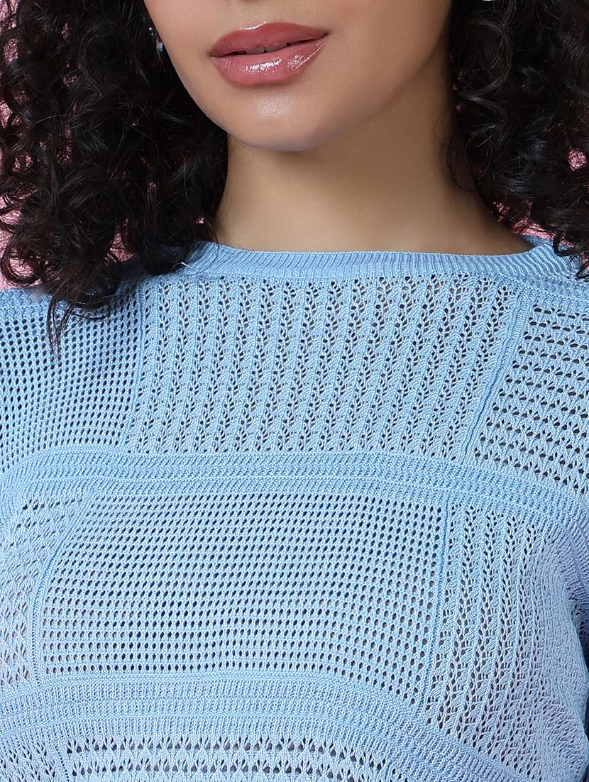 women light blue self design long sleeves crop top - 21515016 -  Standard Image - 6