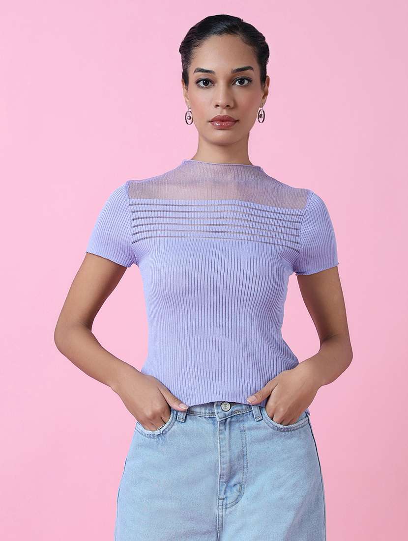 women lavender crochet regular top