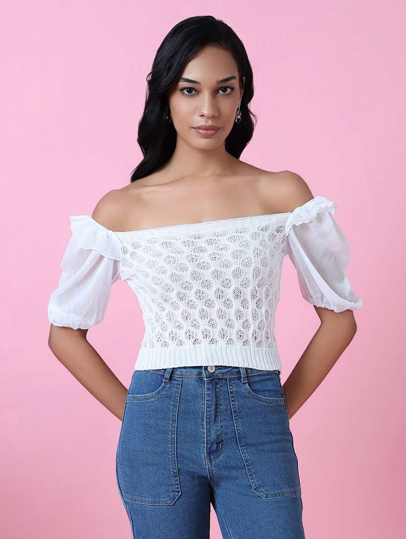 women white self design puff sleeves top