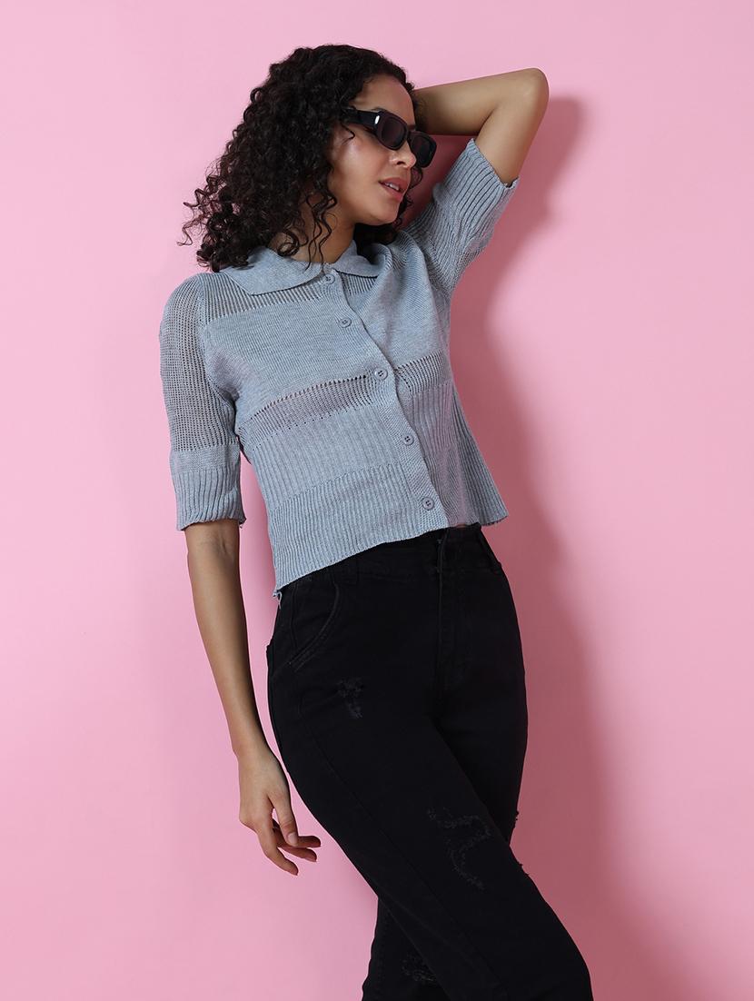 women grey self design collared neck shirt top - 21515089 -  Standard Image - 1