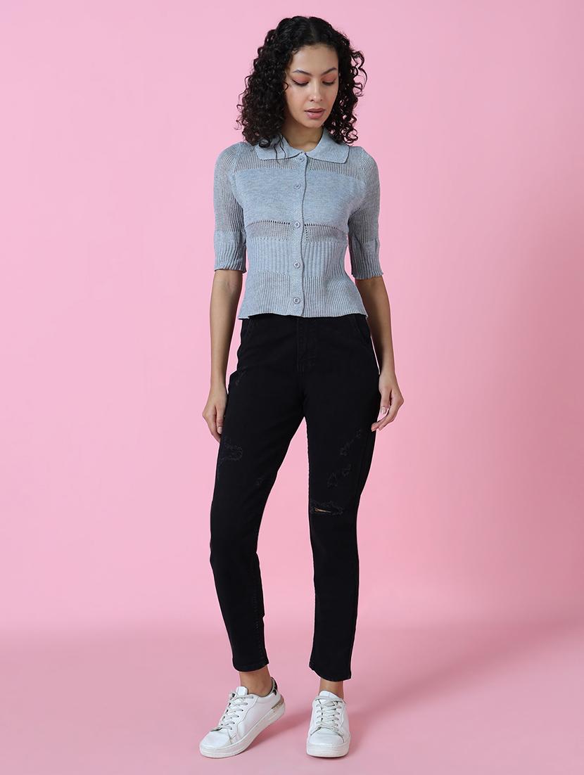 women grey self design collared neck shirt top - 21515089 - Standard Image - 4