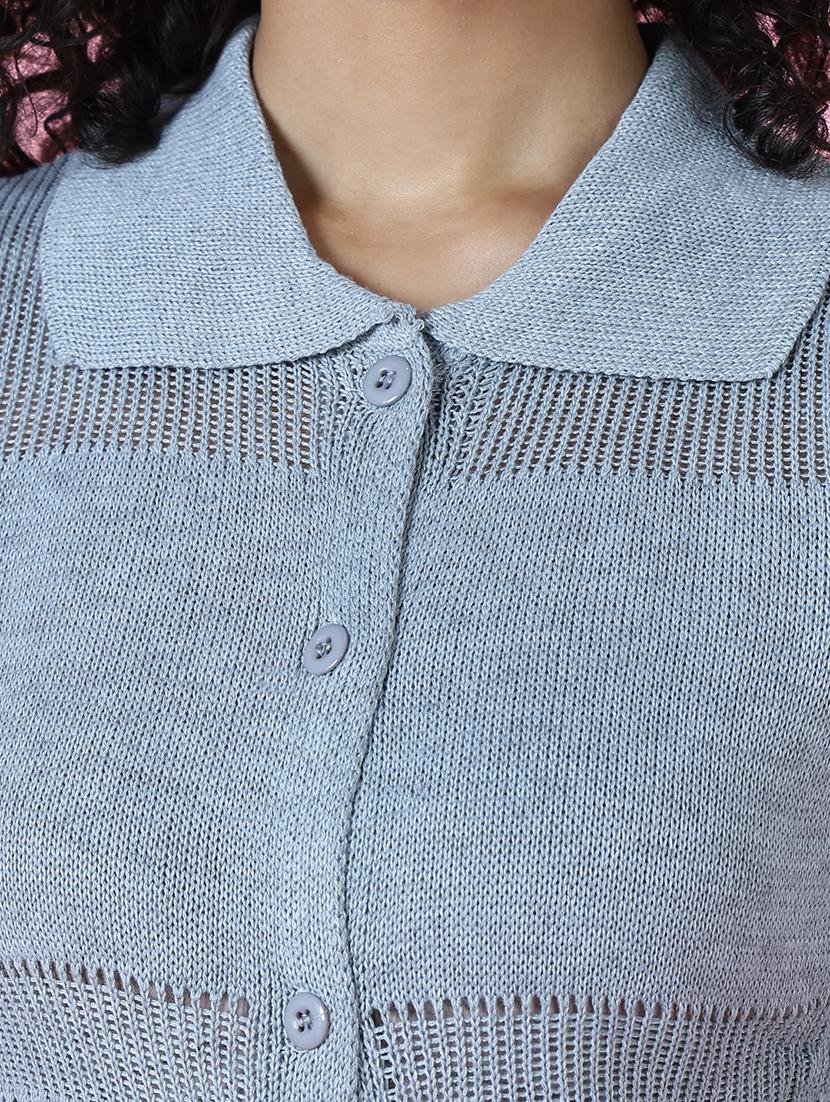 women grey self design collared neck shirt top - 21515089 - Standard Image - 6