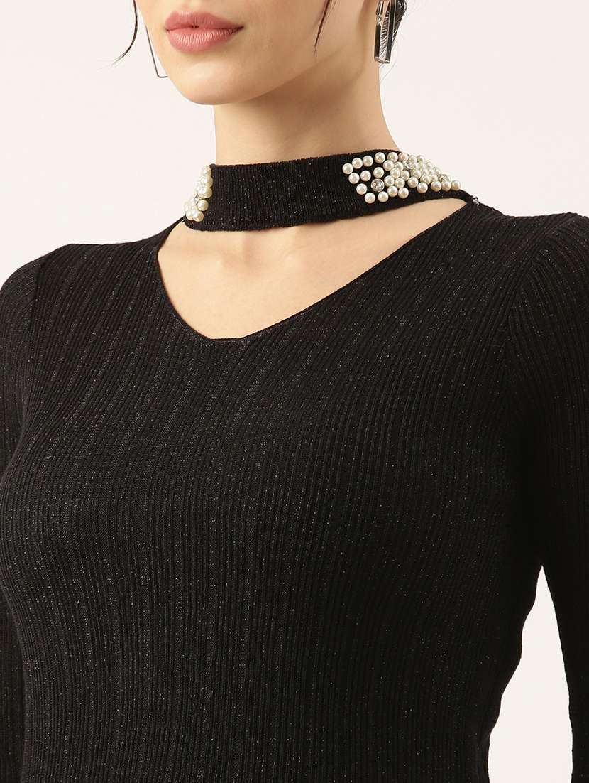 women black self design choker neck top - 21515096 -  Standard Image - 6