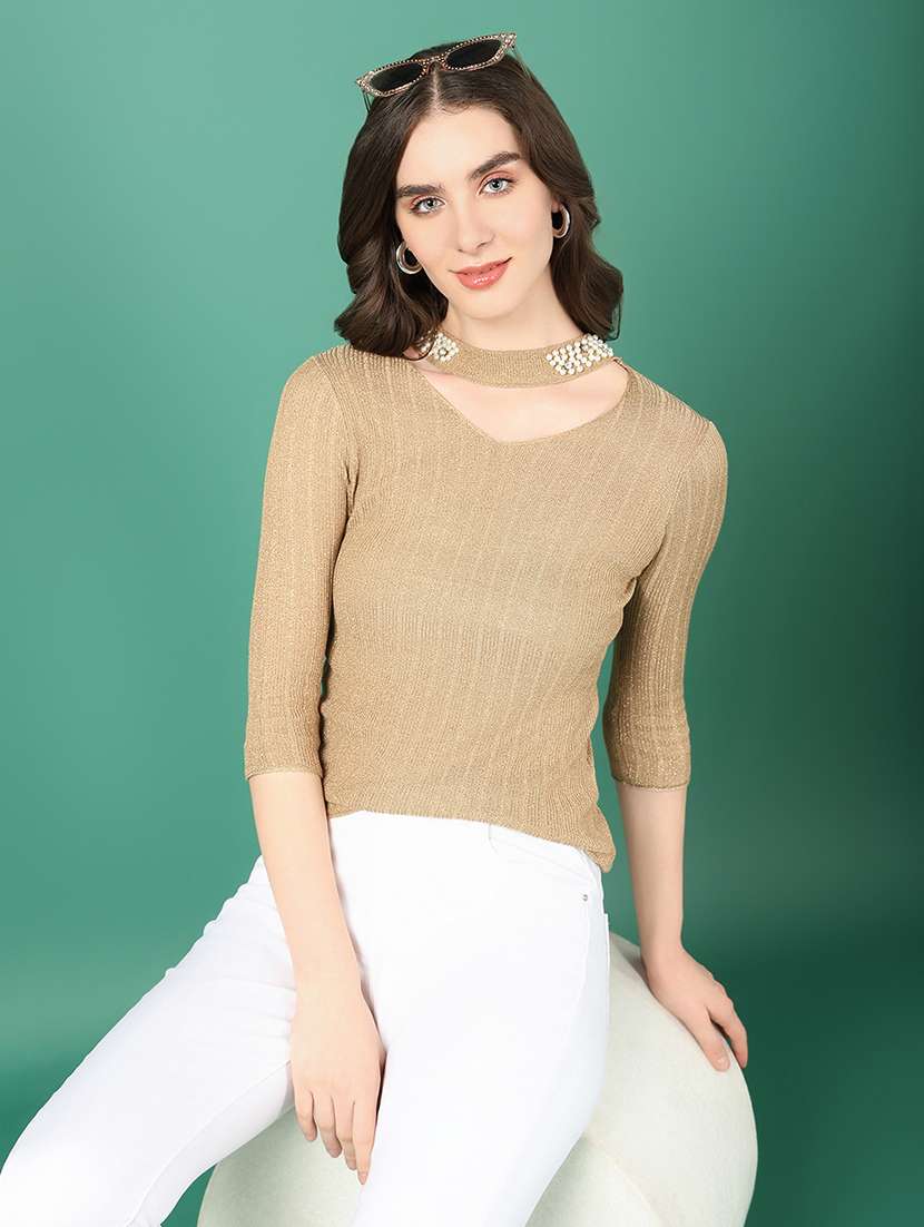 women beige self design choker neck top - 21515097 -  Standard Image - 1