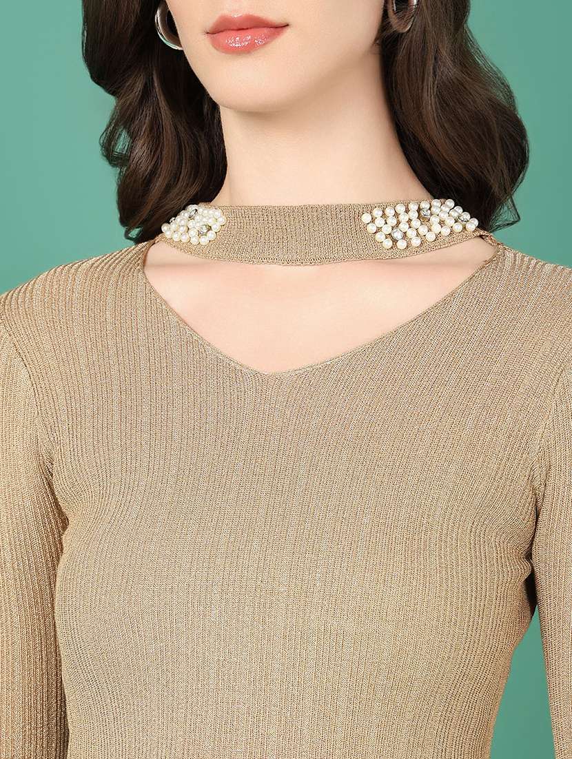 women beige self design choker neck top - 21515097 - Standard Image - 6
