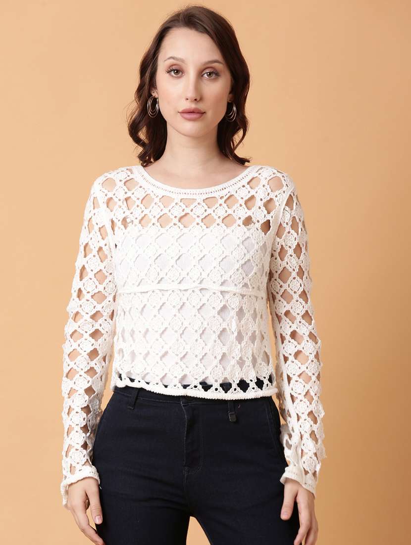 women white crochet regular top