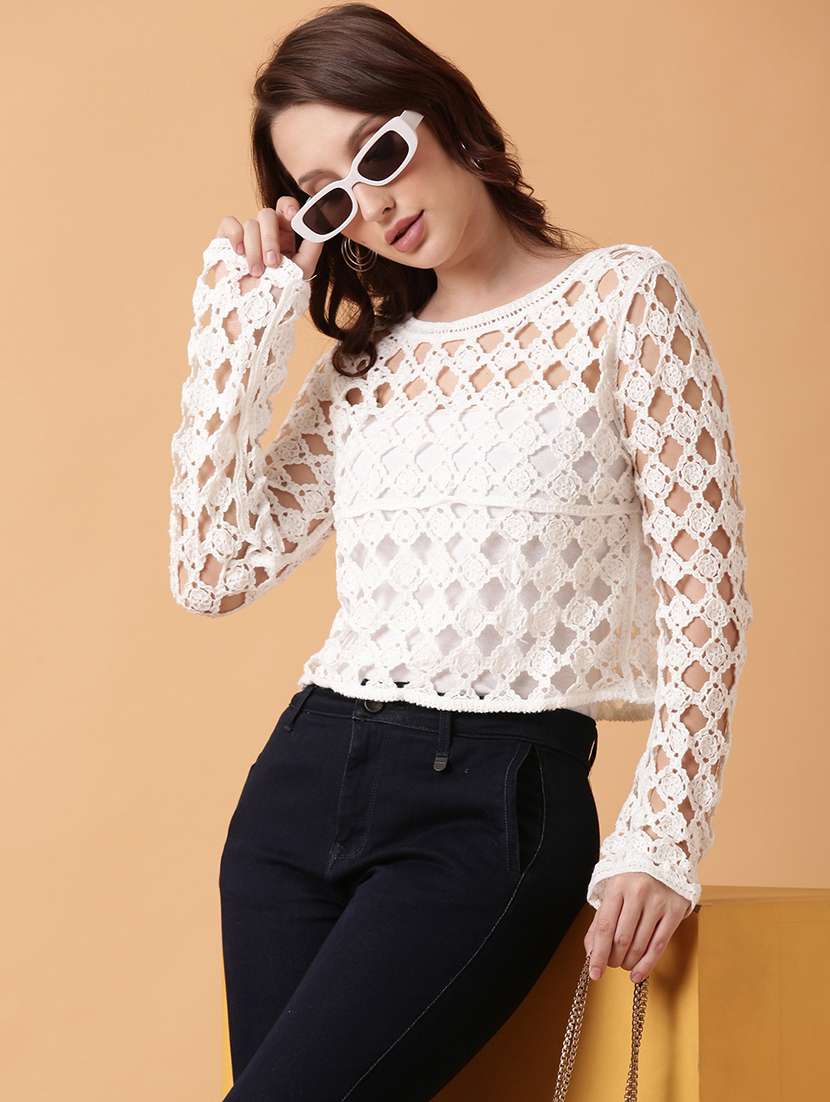 women white crochet regular top - 21515130 -  Standard Image - 1