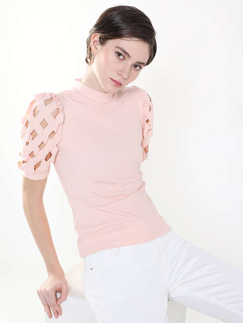 women solid puff sleeves mock neck top - 21515174 -  Standard Image - 1