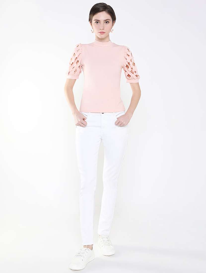 women solid puff sleeves mock neck top - 21515174 -  Standard Image - 4