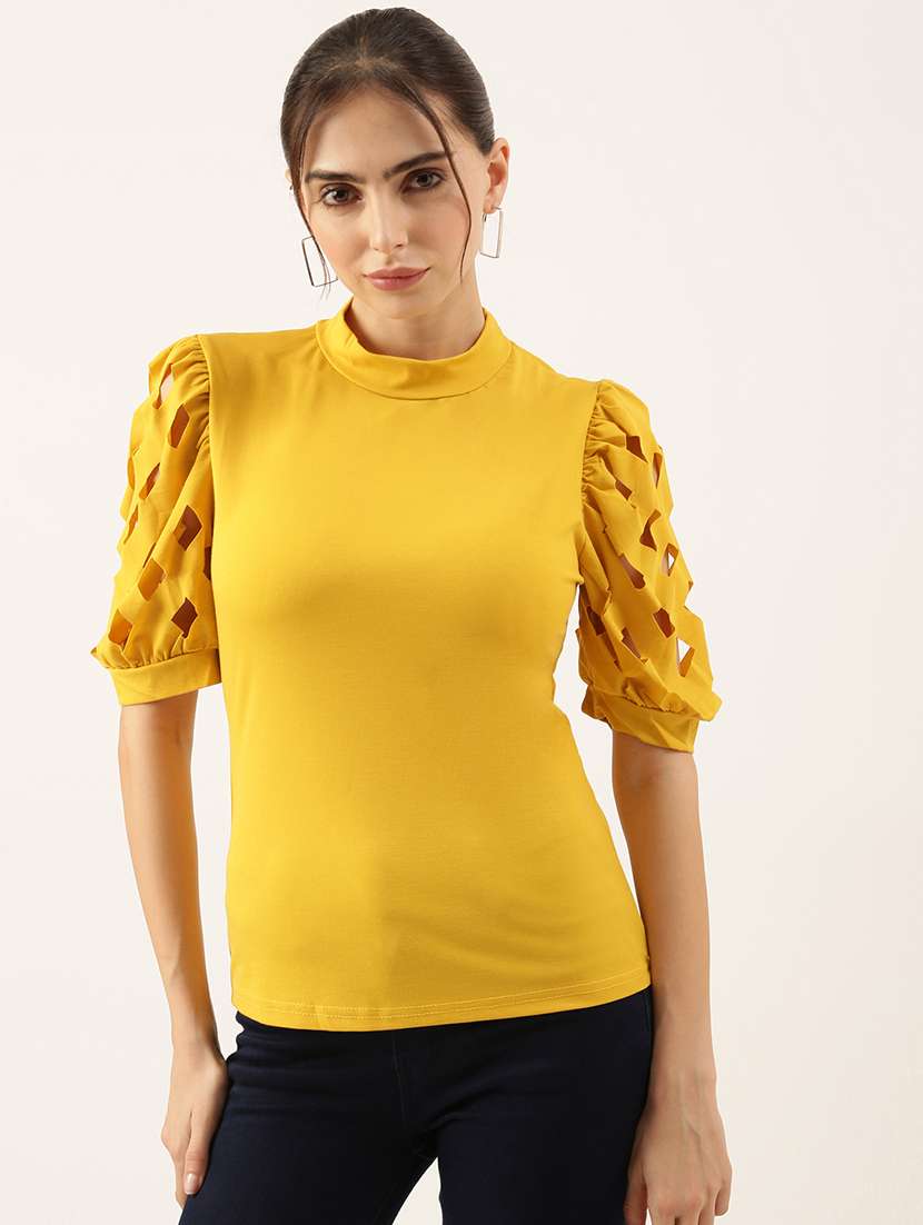 women solid puff sleeves mock neck top - 21515175 -  Standard Image - 1