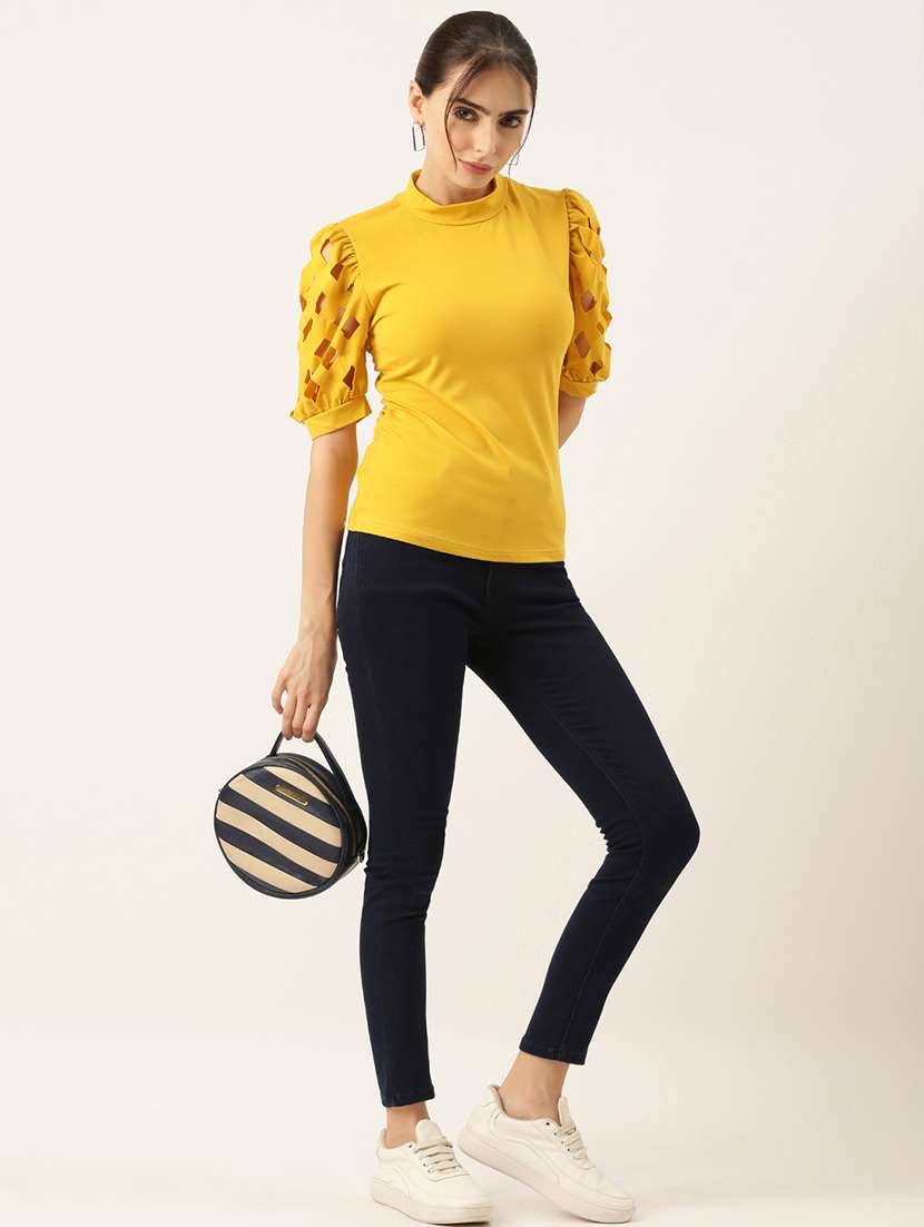 women solid puff sleeves mock neck top - 21515175 -  Standard Image - 4