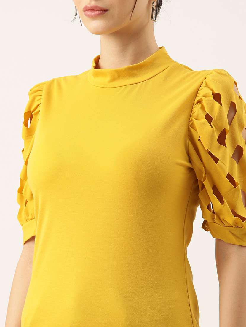 women solid puff sleeves mock neck top - 21515175 -  Standard Image - 6
