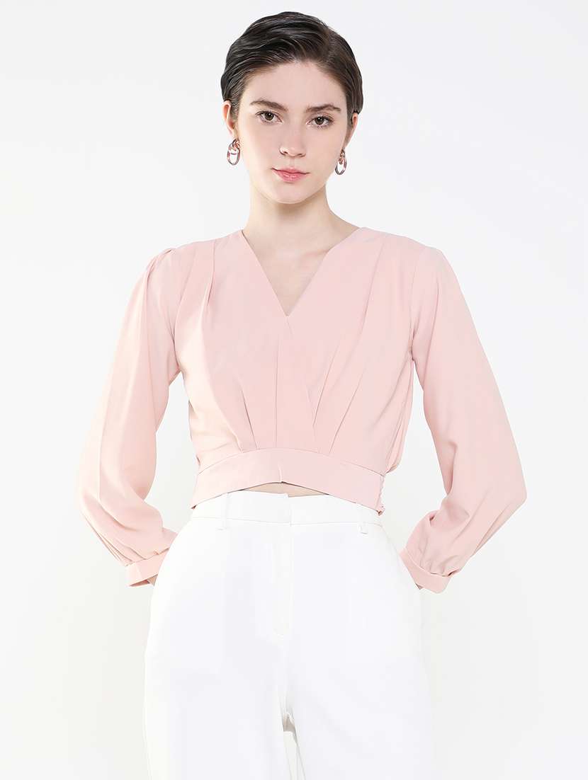 women solid v neck crop top