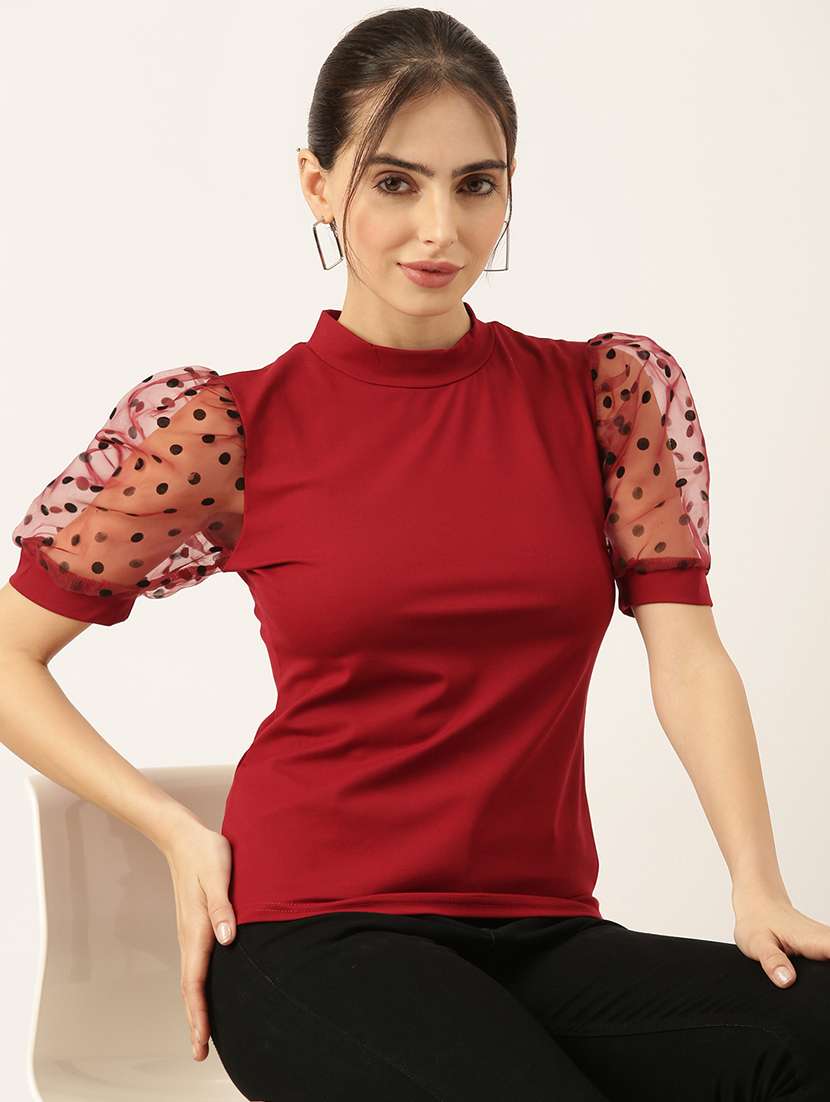 women maroon solids puff sleeves top - 21515186 -  Standard Image - 1