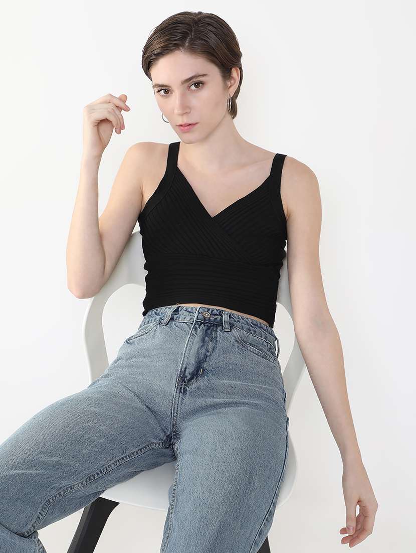 women black solid crop top - 21515198 -  Standard Image - 1