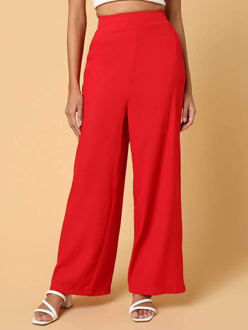 women red viscose wide leg trouser
