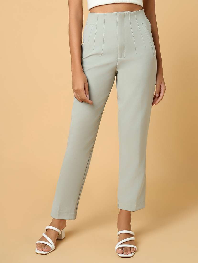 women sea green viscose tailored pant