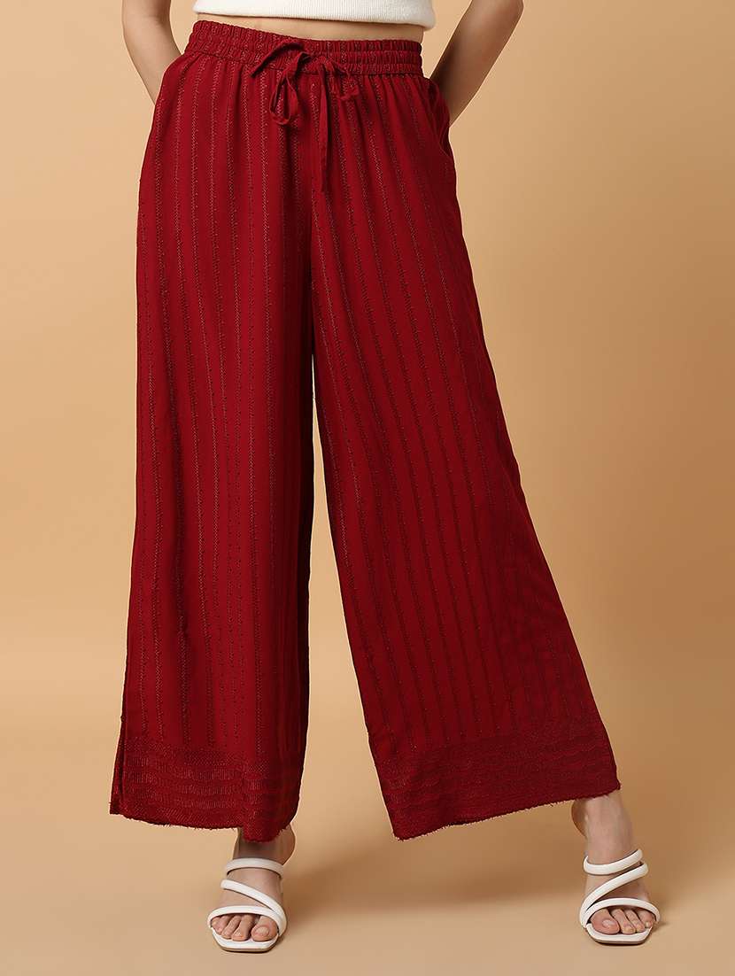 women embroidered flat front wide leg trouser