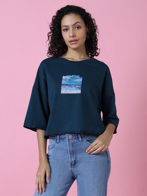 women teal cotton blend boxy t-shirt - 21515240 - Standard Image - 0