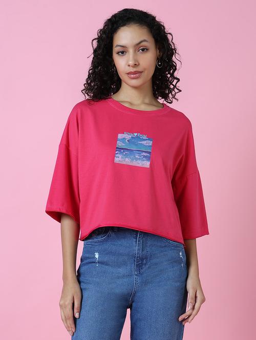 women pink cotton blend boxy t-shirt - 21515242 -  Standard Image - 0