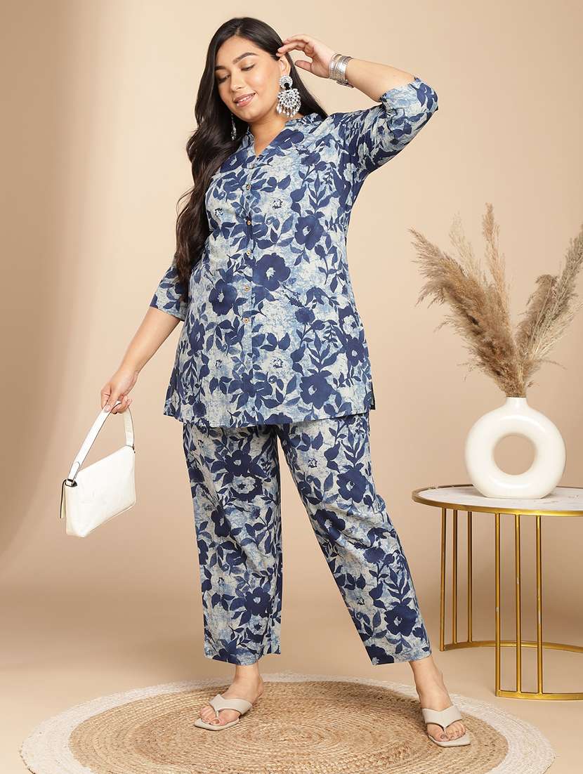 women blue floral printed co-ord set
