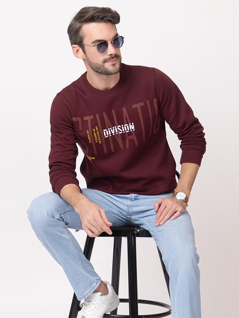 men burgundy cotton chest print sweatshirt - 21515329 - Standard Image - 4