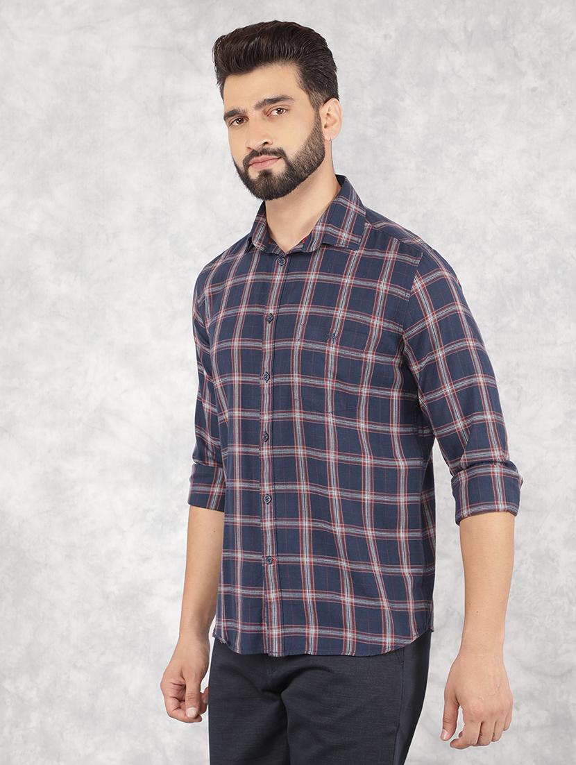men navy blue checks long sleeves casual shirt - 21517895 - Standard Image - 1