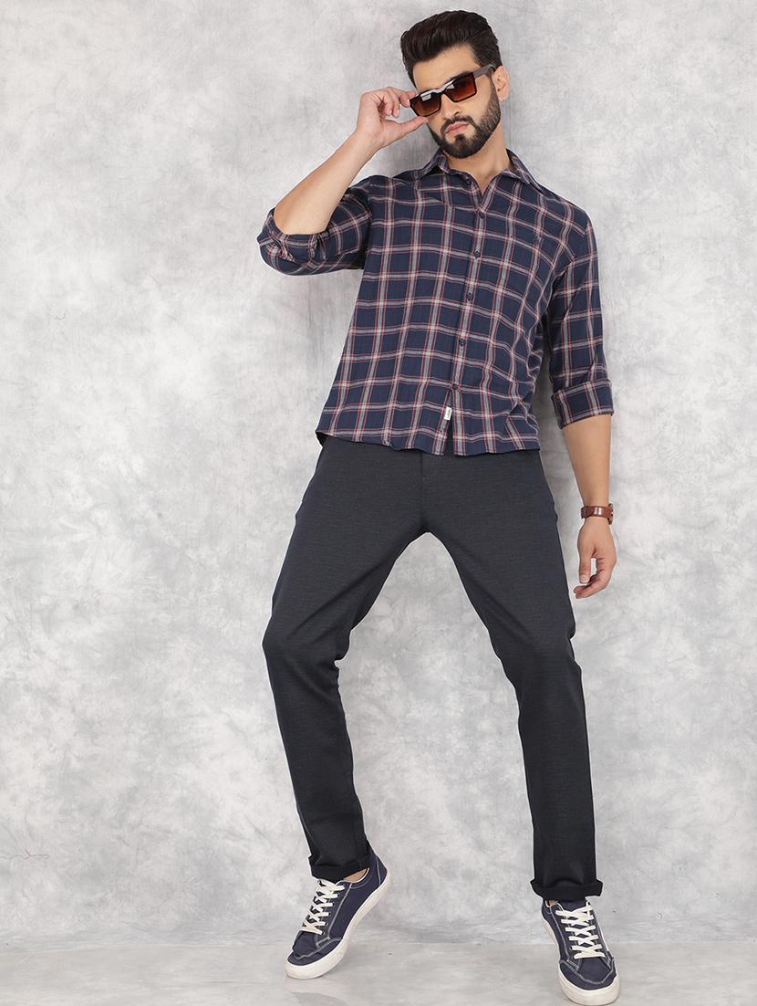 men navy blue checks long sleeves casual shirt - 21517895 - Standard Image - 4