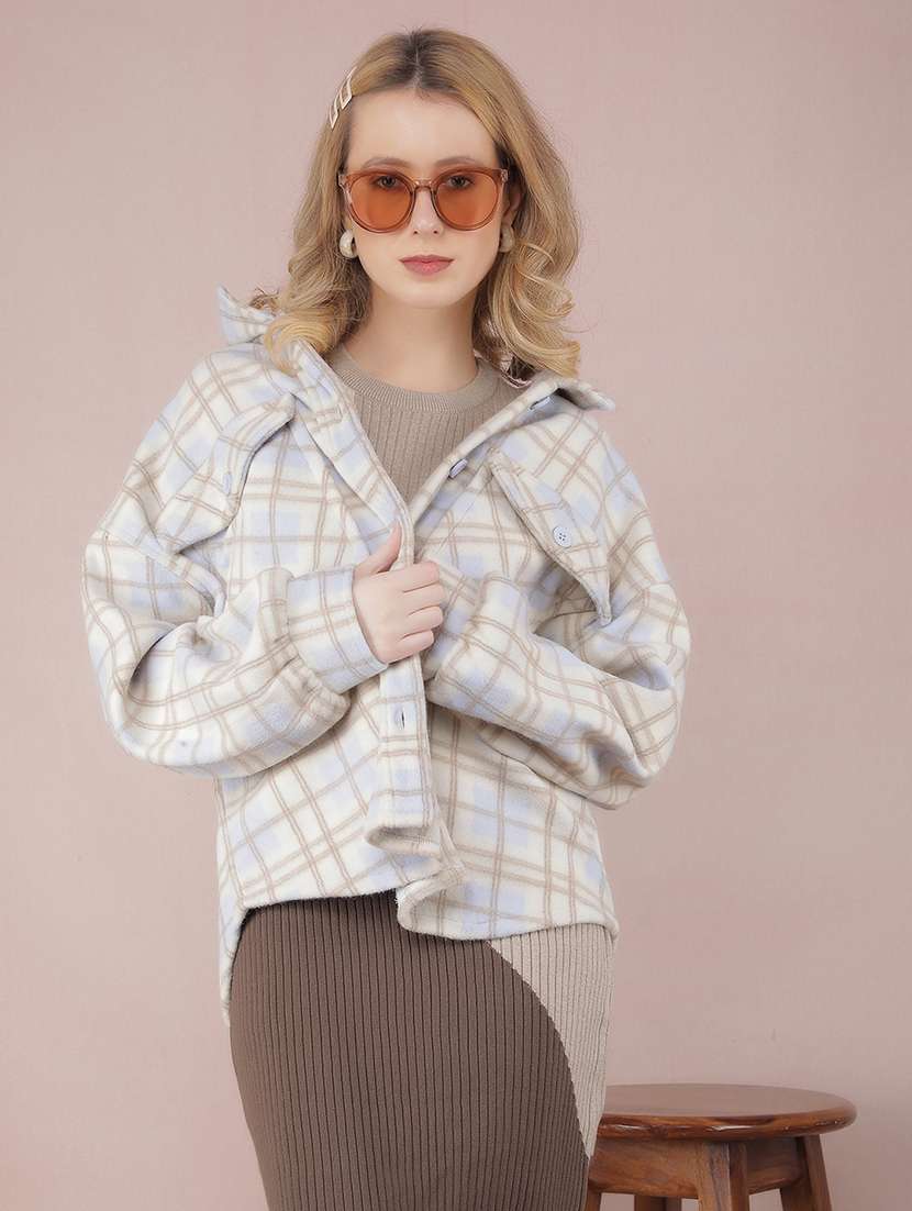 women check printed collared long sleeve shacket