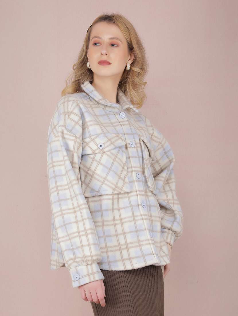 women check printed collared long sleeve shacket - 21517979 - Standard Image - 1