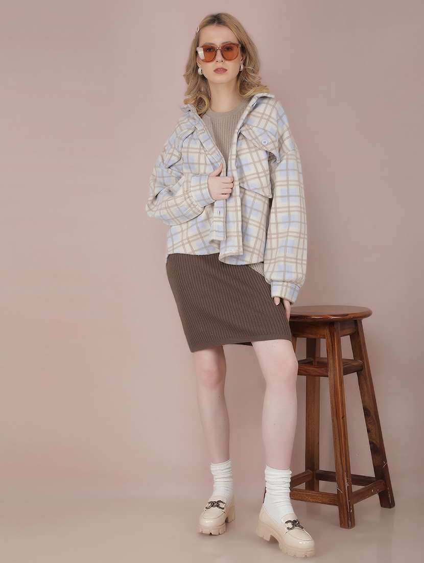 women check printed collared long sleeve shacket - 21517979 - Standard Image - 4