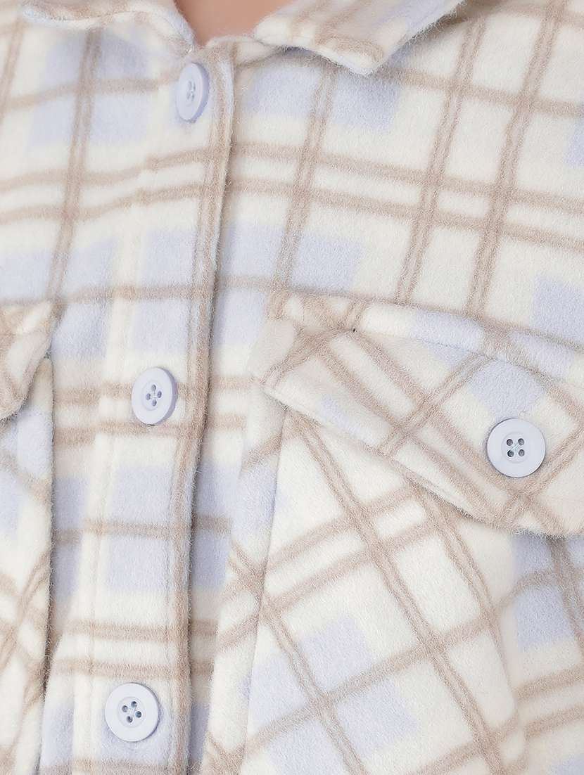 women check printed collared long sleeve shacket - 21517979 - Standard Image - 6