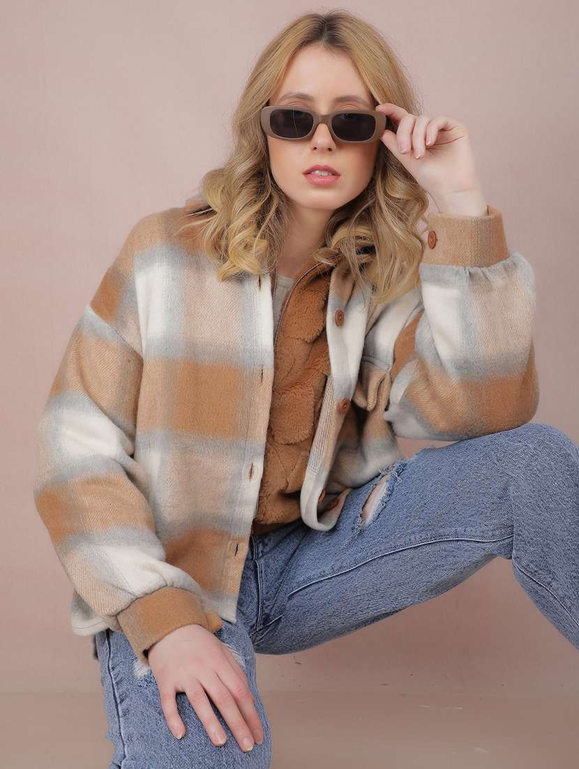 women check printed collared long sleeve shacket - 21517980 -  Standard Image - 1